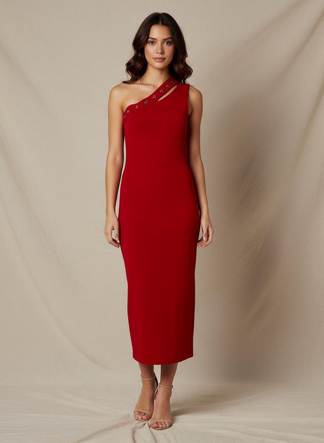 تواكستريمز فستان ضيق بكتف واحد متوسط الطول بتفاصيل برشام - Image 1